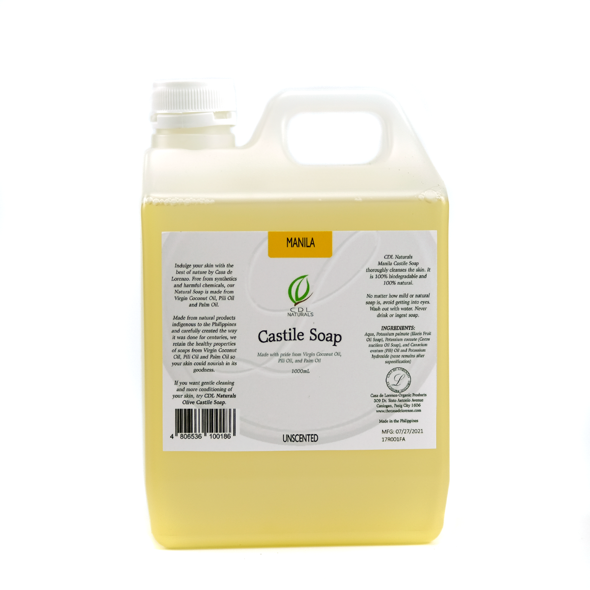 Unscented Manila Castile Soap Bottle 1 liter