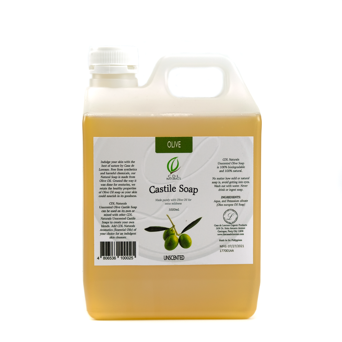 Unscented Olive Castile Soap bottle 1000mL